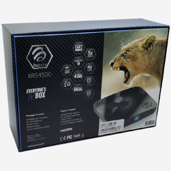 Buzztv XRS4500 4K UHD 4GB Ram 64 GB eMMC-lagring Android 9 Mediaspelare
