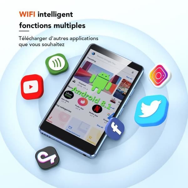 AGPTEK MP3/MP4 Bluetooth WiFi-spelare 16GB, 4-tums stor pekskärm, MP4-spelare med kamera, högtalare, video, FM-blå