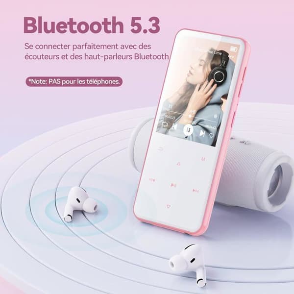AGPTEK 64GB MP3 Bluetooth 5.3, 2.4'' stor skärm, högtalare HiFi musikspelare med pekknapp/FM-radio/inspelare, rosa