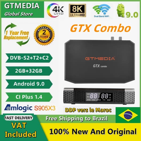 Satellite-modtager, 8K videooutput, 2GB RAM, Android 9.0,EU-stik, GTX Combo