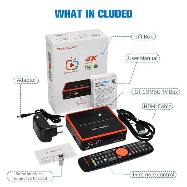 Satellite-modtager, 8K videooutput, 2GB RAM, Android 9.0,EU-stik, GT Combo