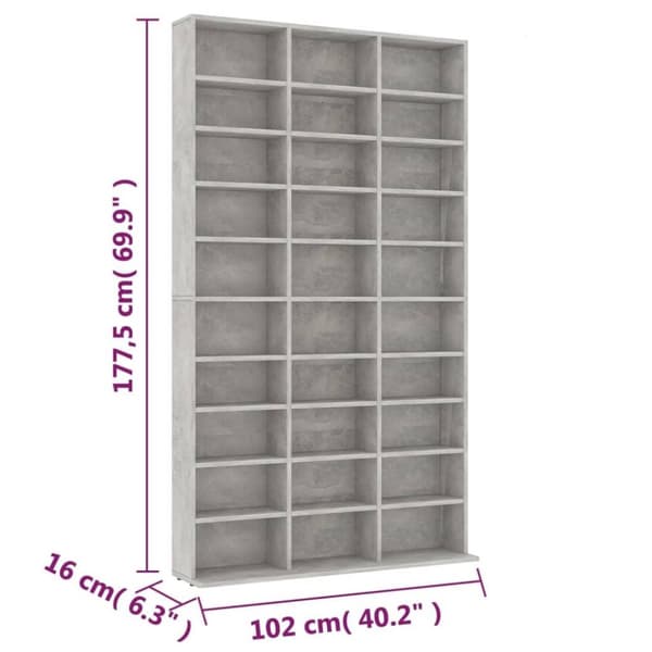 vidaXL CD-hylle betonggrå 102x16x177,5 cm konstruert tre