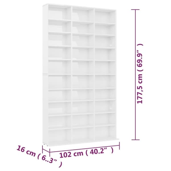 vidaXL CD-hylle høyglans hvit 102x16x177,5 cm konstruert tre