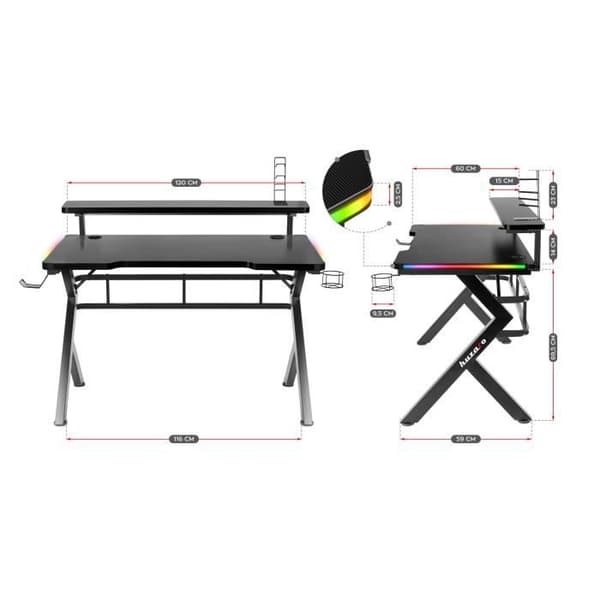 HUZARO HERO 5.0 LED RGB spelbord - 120x60x69.5cm, Dryckekorg, Hörlurskrok, PC skrivbord, Ergonomiskt, PC-spel