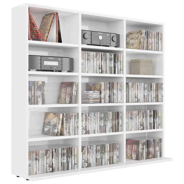 vidaXL cd-reol 102x23x89,5 cm konstrueret træ hvid højglans -  Medieopbevaring