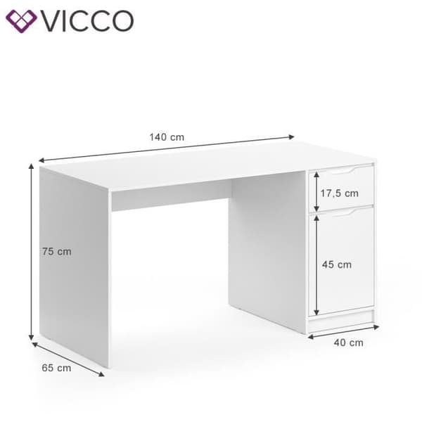 VICCO Ruben skrivbord - Matt vit - 140 x 65 cm - Modern design med stor låda och förvaringsfack