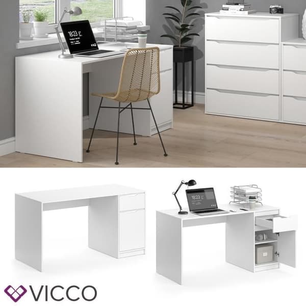 VICCO Ruben skrivbord - Matt vit - 140 x 65 cm - Modern design med stor låda och förvaringsfack