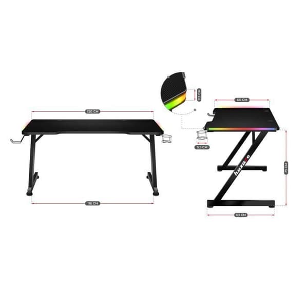 HUZARO HERO 2.5 LED RGB-spelbord, 120x60x75cm Dryckekorg, Hörlurskrok, PC-skrivbord, datorer, PC-spel