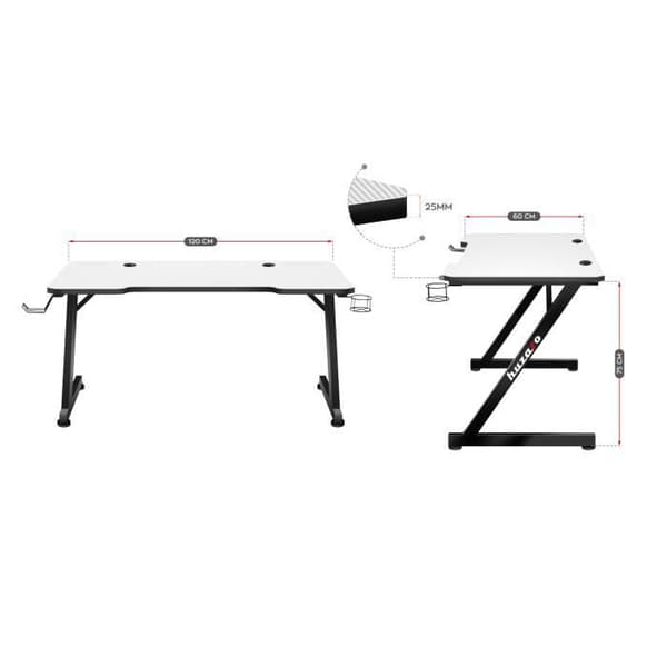 HUZARO HERO 2.5 Gaming Desk Vit, Gaming PC, 120x60x75cm Dryckekorg, Hörlurskrok, Dator, PC Desk