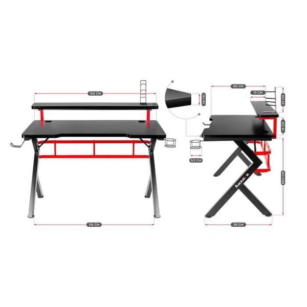 HUZARO HERO 5.0 Gaming Desk Röd, 120x60x69,5cm, PC-skrivbord, Dator, Speldator, Dryckekorg, Hörlurskrok