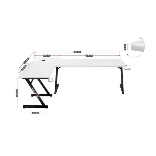 Bureau gaming i vinkeln HUZARO Hero 7.0 Vit - Kolfinish, Centralt kabelgenomföring, Hörlurs- och kopphållare, Ergonomisk