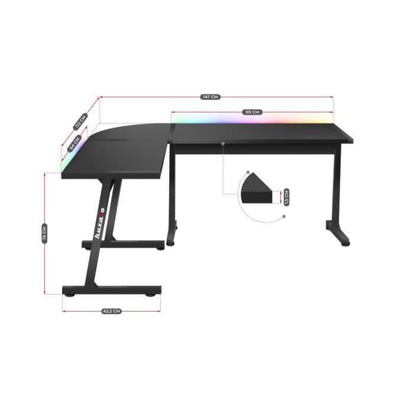 Hörnkontor gaming - HUZARO - HERO 6.0 - LED RGB - Kolfiberpanel - Ergonomisk