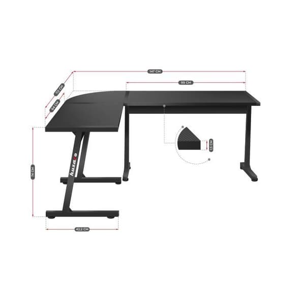 HUZARO HERO 6.0 Gaming Desk Svart, Hörn Skrivbord, 147×112cm, PC-spel, Dator, PC Desk, Ergonomiskt, Kol, Spelbord
