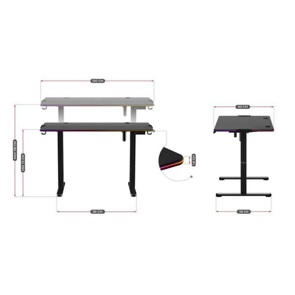 Bureau Assis Debout - HUZARO - HERO 8.2 - LED RGB - Ergonomisk - 120x60cm