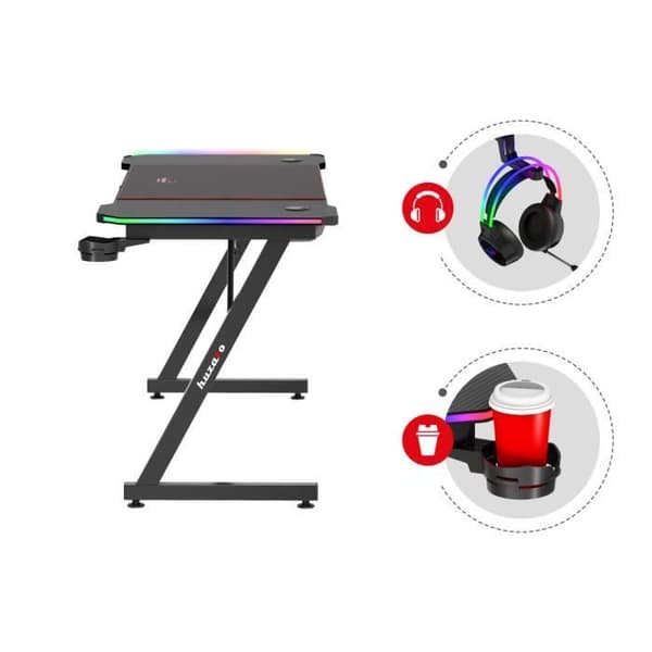 Bureau gaming HUZARO Hero 4.8 Svart RGB - LED-belysning, Bordsskiva 160 cm, Karbonyta, Hörlurs- och mugghållare, Ergonomisk