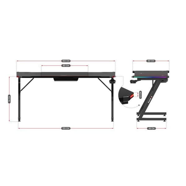 Bureau gaming HUZARO Hero 4.8 Svart RGB - LED-belysning, Bordsskiva 160 cm, Karbonyta, Hörlurs- och mugghållare, Ergonomisk
