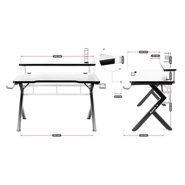 HUZARO HERO 5.0 Gaming Desk Vit, 120x60x69.5cm, PC-skrivbord, Dator, Gaming PC, Dryckekorg, Hörlurskrok