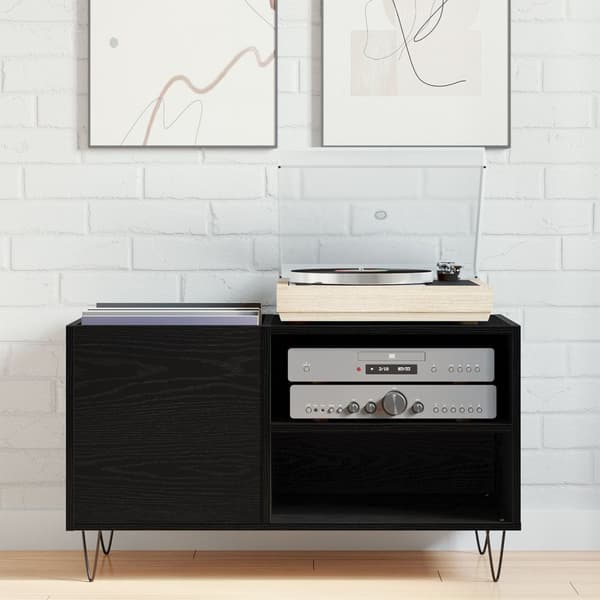 vidaXL Record Cabinet Sort egetræ Konstrueret træ Medium LP skab