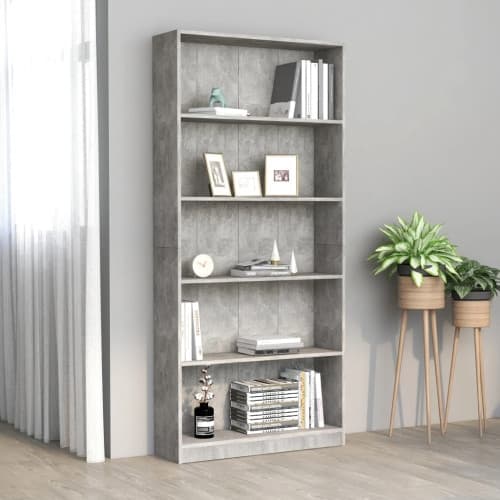 Bokhylla 5 hyllor betonggrå 80x24x175 cm konstruerat trä