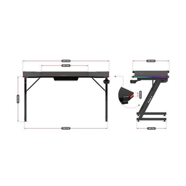 HUZARO HERO 3.3 LED RGB Gaming Desk Svart, 140x60x74cm, Dryckekorg, Hörlurskrok, PC-spel, Gamer skrivbord