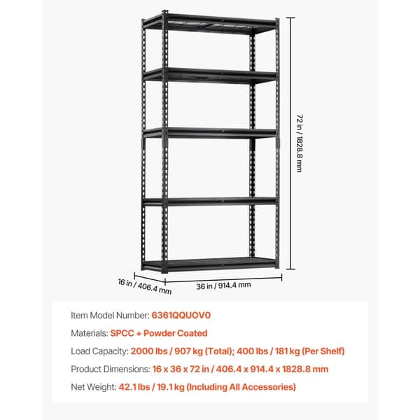 Metalopbevaringshylder, Høj Belastningskapacitet, Justerbart Design,16 x 36 x 72 tommer