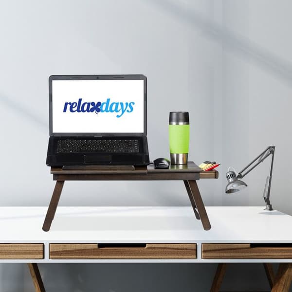 Relaxdays Laptopbord, HLP 25x60x35 cm, Bambu, Fällbart, Skrivbord, Knähylla, Låda, Mörkbrun