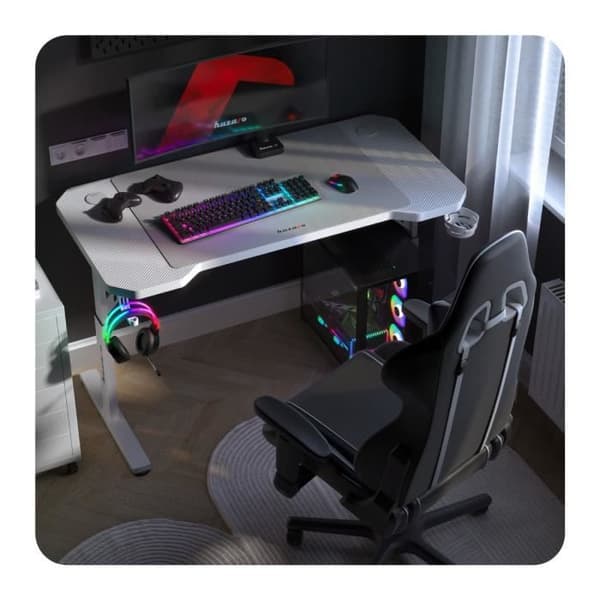 Bureau gaming HUZARO Hero 2.6 Vit - Höjdjusterbar, Kolfiberbord, Headset- och mugghållare, Kabelhantering