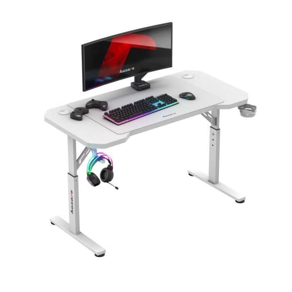 Bureau gaming HUZARO Hero 2.6 Vit - Höjdjusterbar, Kolfiberbord, Headset- och mugghållare, Kabelhantering