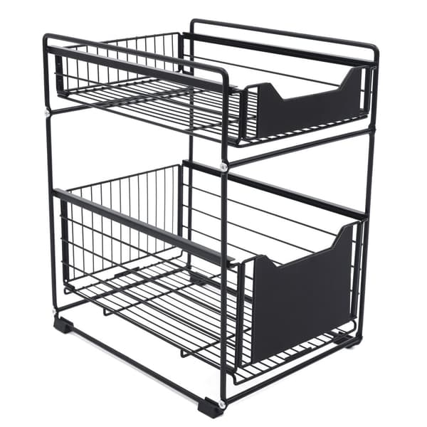 Under Sink Organizer Rack, Hållbar Kolfiberstål, Platsbesparande Förvaringslösning,svart, 2-nivå