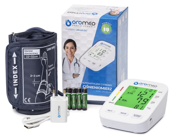 Oromed ORO-BP3 elektronisk baggrundsbelyst USB-blodtryksmåler for overarm + strømforsyning