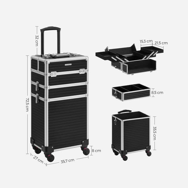 Rootz Sminkfodral - Kosmetikfodral - Sminkfodral - Resefodral - Skönhetsfodral - Sminkförvaringsfodral - Med hjul - Svart - 35,7 x 27 x 72,5 cm