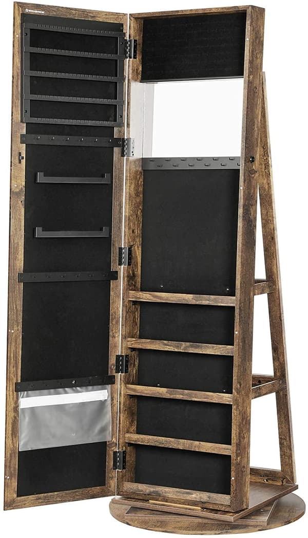 Rootz Colpitts smykkespejl - 360 drejeligt - Låsbart - Hylder - Multifunktionelt - Vintage - Brun - 54 x 54 x 161 cm