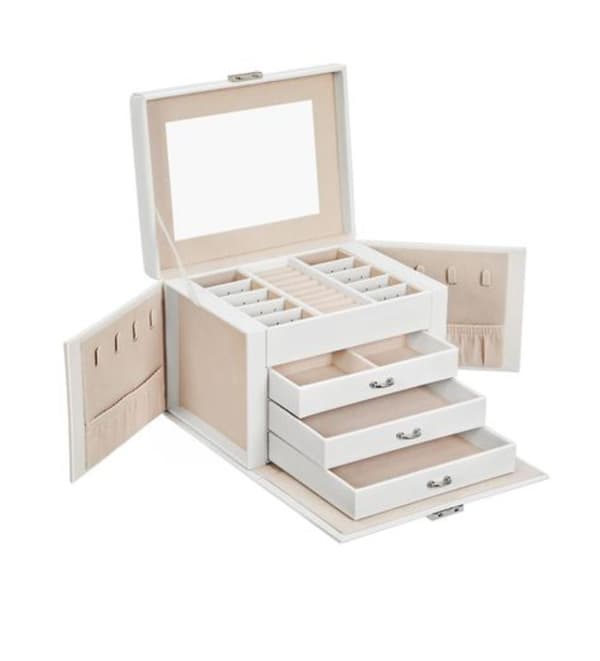 Rootz Smyckeskrin - Smyckeskrin - Smyckeförvaring - 4 nivåer - 3 lådor - Vit - Sammet - 22,5 x 17,5 x 16,5 cm