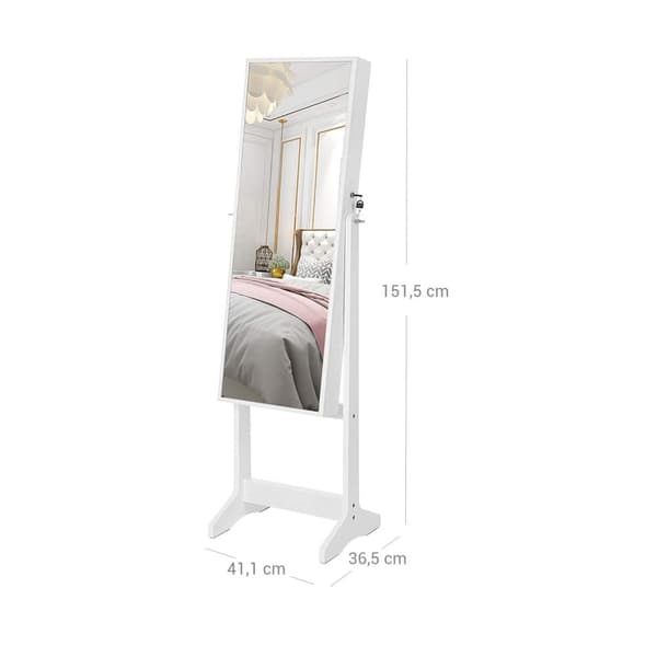 Rootz smykkeskab - Hvidt omklædningsspejl - Organizer til øreringe - Halskædeholder - MDF-materiale - 41,1 cm x 36,5 cm x 151,5 cm