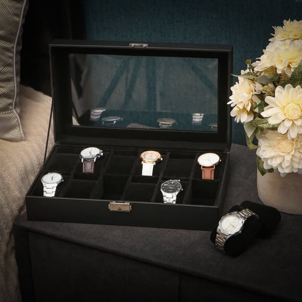 Rootz Watch Box - Ur Organizer - Smykkeopbevaring - Låsbar - Fløjlsforing - MDF-konstruktion - 30 cm x 21 cm x 8,5 cm