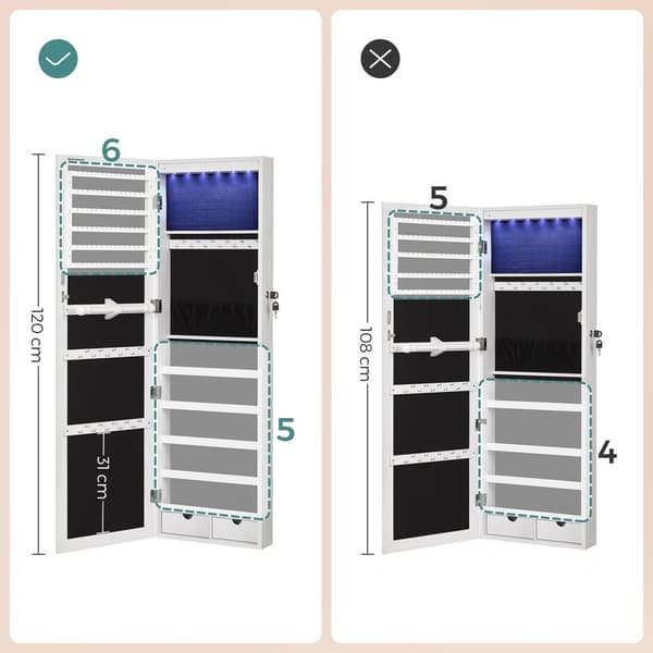 Rootz Smyckesskåp - Smyckeskåp - Smyckesskåp - MDF-konstruktion - Sammetsfoder - Glasspegel - Skönhetsprogram - Lätt att organisera - Rymlig layout -