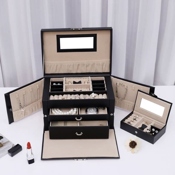 Rootz Smyckeskrin Organizer - Örhängehållare - Ringförvaring - Lådfack - Imiterat läder - 26cm x 17cm x 18cm
