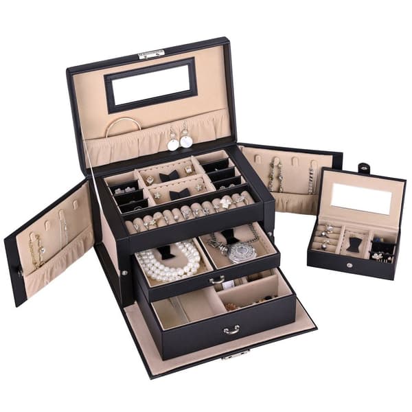 Rootz Smyckeskrin Organizer - Örhängehållare - Ringförvaring - Lådfack - Imiterat läder - 26cm x 17cm x 18cm