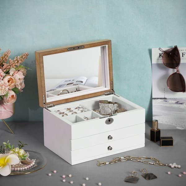 Rootz smykkeskrin med 3 skuffer - Halskædeorganisering - Armbåndsholder - Elegant design - Træstruktur - Fløjlsforing - Stort spejl - Låsbart - Hvid -
