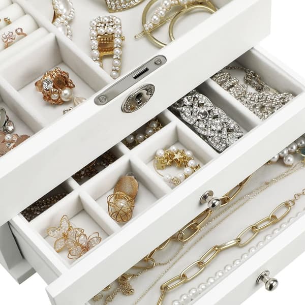 Rootz smykkeskrin med 3 skuffer - Halskædeorganisering - Armbåndsholder - Elegant design - Træstruktur - Fløjlsforing - Stort spejl - Låsbart - Hvid -