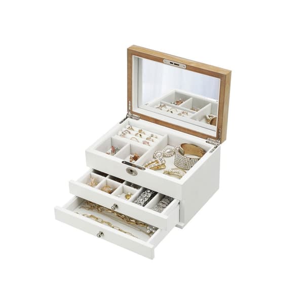 Rootz smykkeskrin med 3 skuffer - Halskædeorganisering - Armbåndsholder - Elegant design - Træstruktur - Fløjlsforing - Stort spejl - Låsbart - Hvid -
