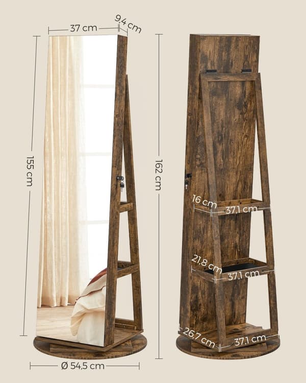 Rootz-korukaappi - Vintage Ruskea - Musta vuori - MDF-teräs samettilasi - Suuri säilytystila - Sisäpeili - Turvalukko - 54,5 cm x 54,5 cm x 162 cm