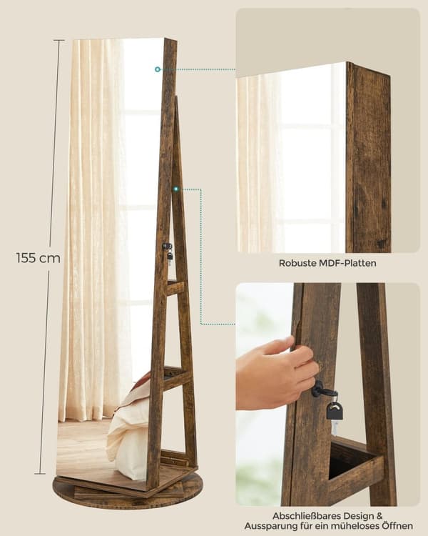 Rootz-korukaappi - Vintage Ruskea - Musta vuori - MDF-teräs samettilasi - Suuri säilytystila - Sisäpeili - Turvalukko - 54,5 cm x 54,5 cm x 162 cm