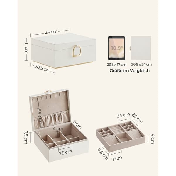 Rootz White Smyckeskrin - Organizer-fodral - Förvaringsbehållare - MDF-konstruktion - Sammetsfoder - Kompakt storlek - 20,5 cm x 24 cm x 11 cm
