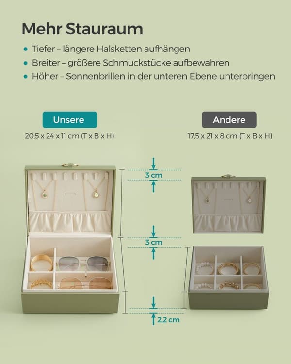 Rootz Laurel Green smykkeskrin - Organizer-etui - Opbevaringsbeholder - MDF-konstruktion - Fløjlsforing - Kompakt design - 20,5 cm x 24 cm x 11 cm