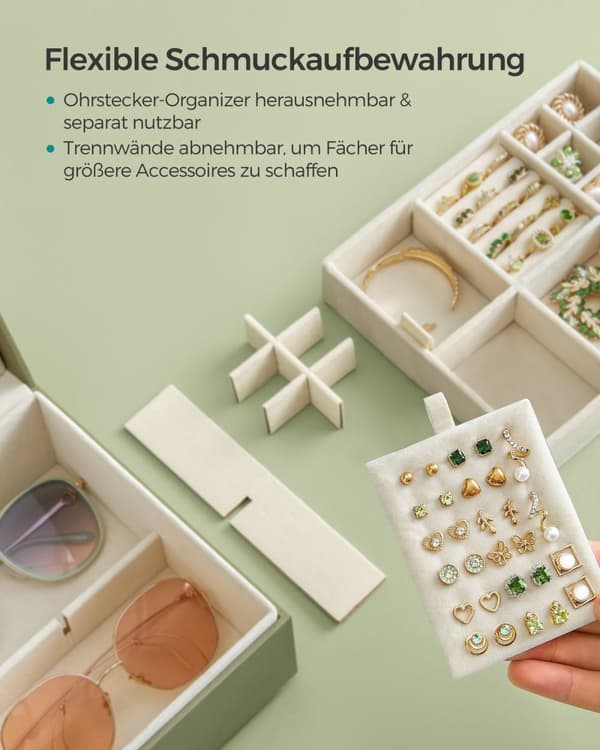 Rootz Laurel Green smykkeskrin - Organizer-etui - Opbevaringsbeholder - MDF-konstruktion - Fløjlsforing - Kompakt design - 20,5 cm x 24 cm x 11 cm