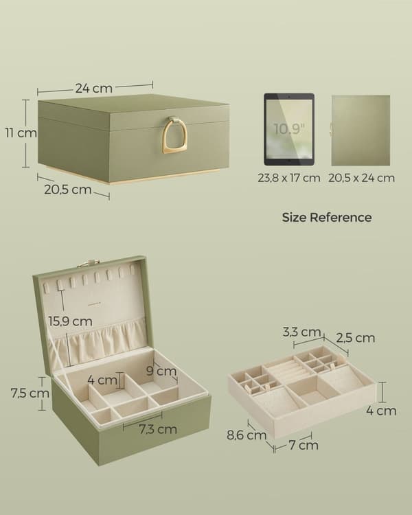 Rootz Laurel Green smykkeskrin - Organizer-etui - Opbevaringsbeholder - MDF-konstruktion - Fløjlsforing - Kompakt design - 20,5 cm x 24 cm x 11 cm