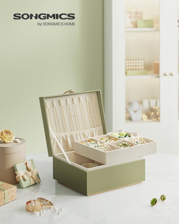 Rootz Laurel Green smykkeskrin - Organizer-etui - Opbevaringsbeholder - MDF-konstruktion - Fløjlsforing - Kompakt design - 20,5 cm x 24 cm x 11 cm