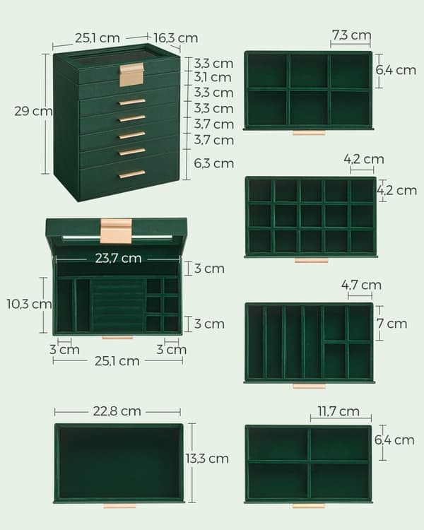 Rootz korulaatikon kotelo - Metsänvihreä-kultainen - MDF PU samettilasi - Säilytysratkaisu - Tyylikäs muotoilu - Kompakti koko - 16,3 cm x 25,1 cm x 2