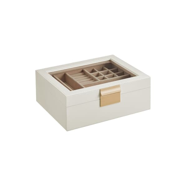 Rootz smykkeskrin - Opbevaringsetui - Fløjlsforet - Glaslåg - MDF PU-konstruktion - Sky hvid-metallisk guld - 18,5 cm x 23 cm x 8,5 cm - 0,9 kg